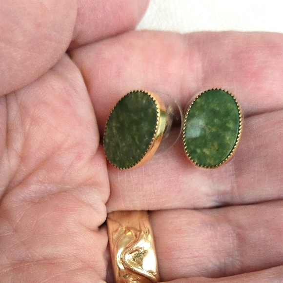 Vintage Gold Plate 925 Sterling & Jade Earrings w/Posts - Picture 2 of 7